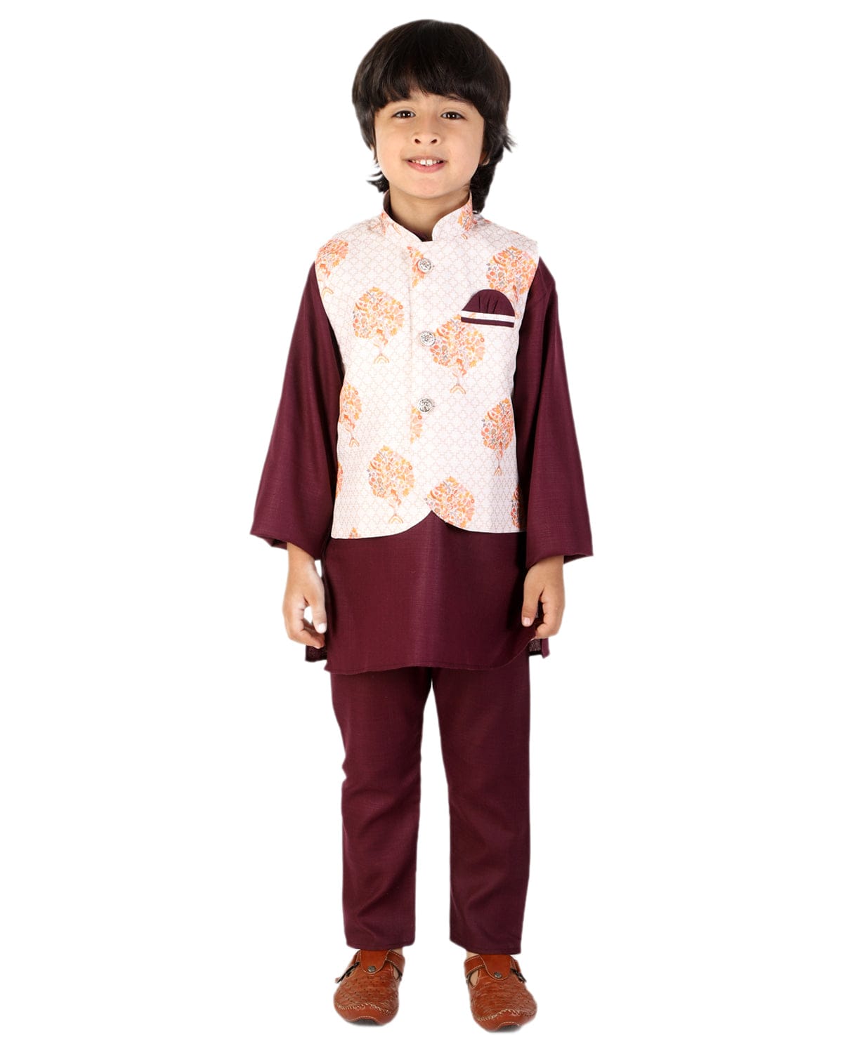 Boys Solid Color Kurta Pyjama With Printed Fancy White Base Jacket(Wine)
