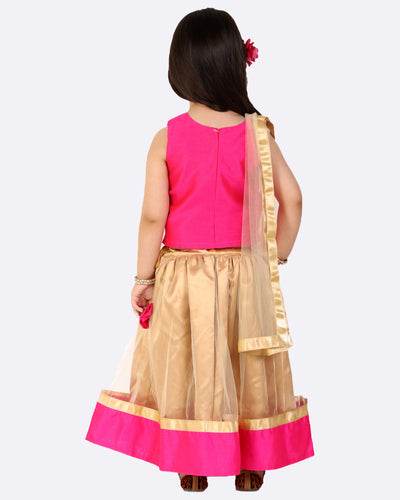 Girls Patch Embroidered Lehnga Choli Set With Dupatta (Pink)