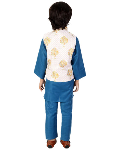 Boys Solid Color Kurta Pyjama With Printed Fancy White Base Jacket(Blue)