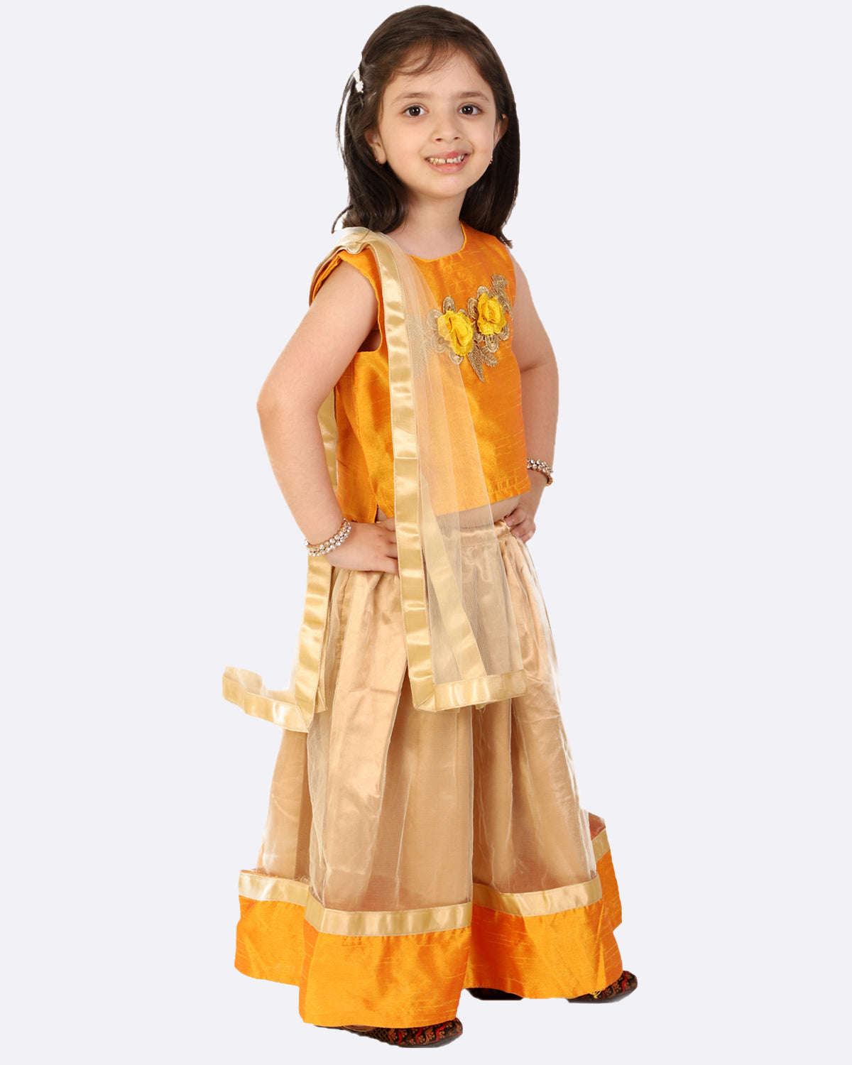 Girls Patch Embroidered Lehnga Choli Set With Dupatta (Yellow)