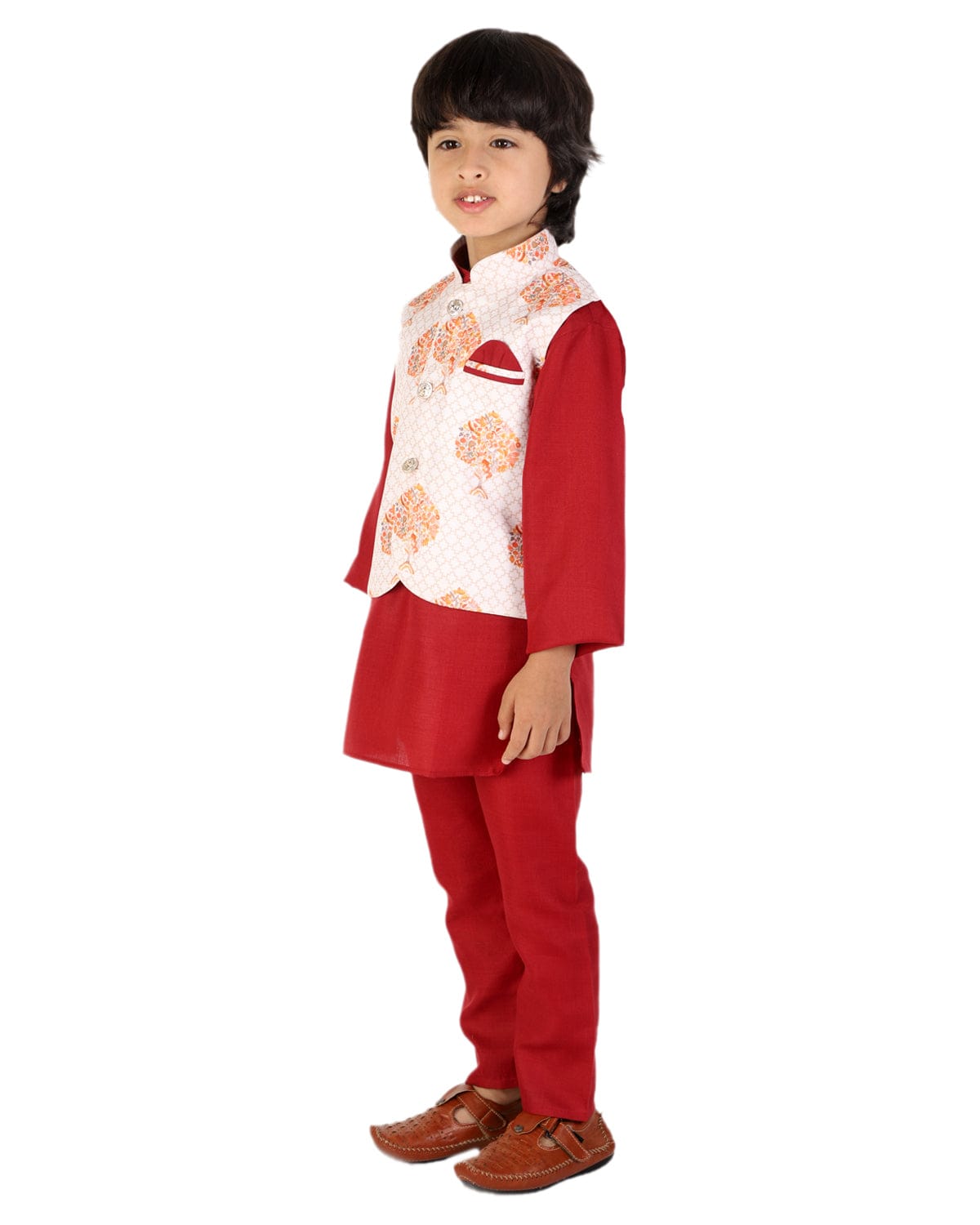 Boys Solid Color Kurta Pyjama With Printed Fancy White Base Jacket(Red)