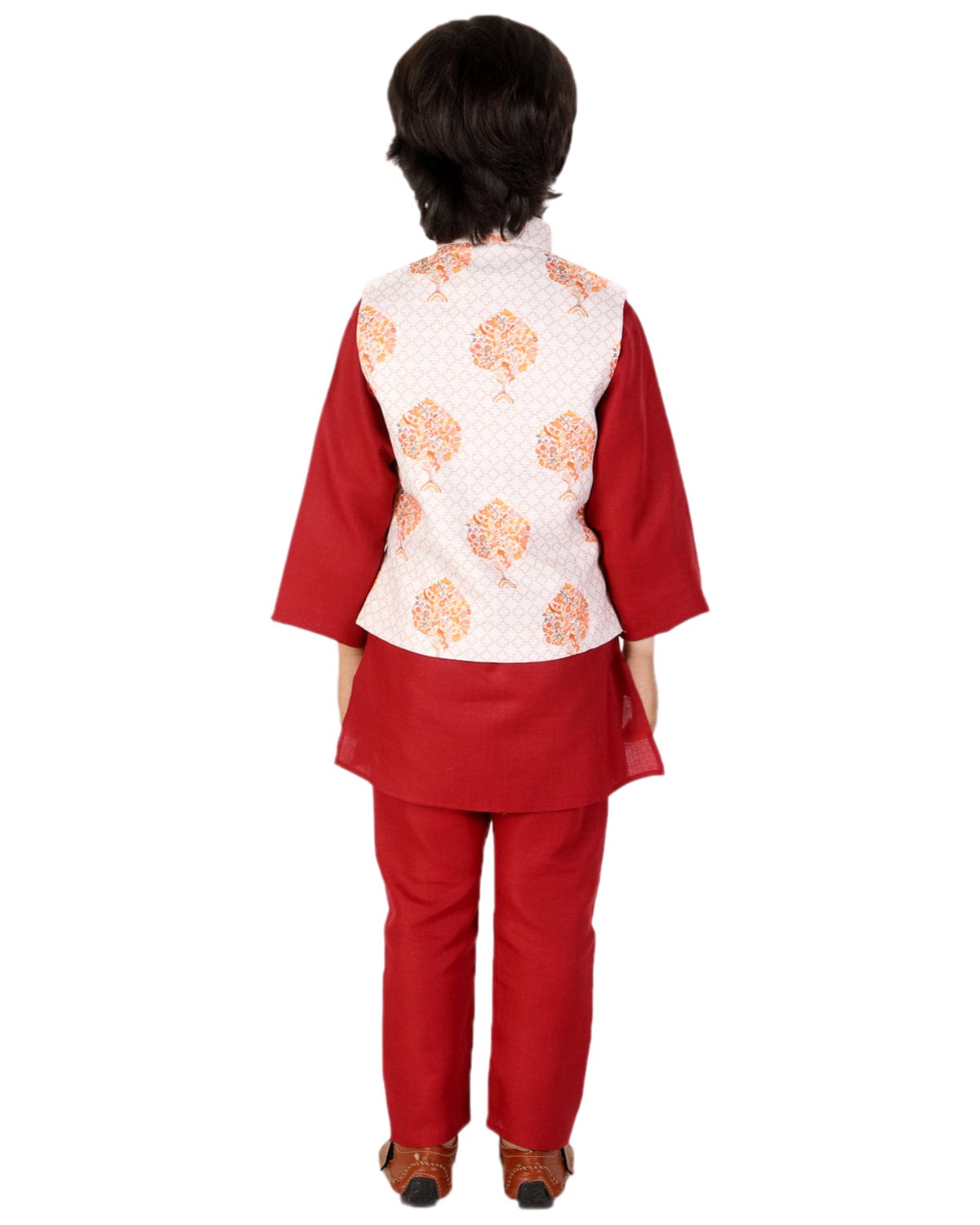 Boys Solid Color Kurta Pyjama With Printed Fancy White Base Jacket(Red)