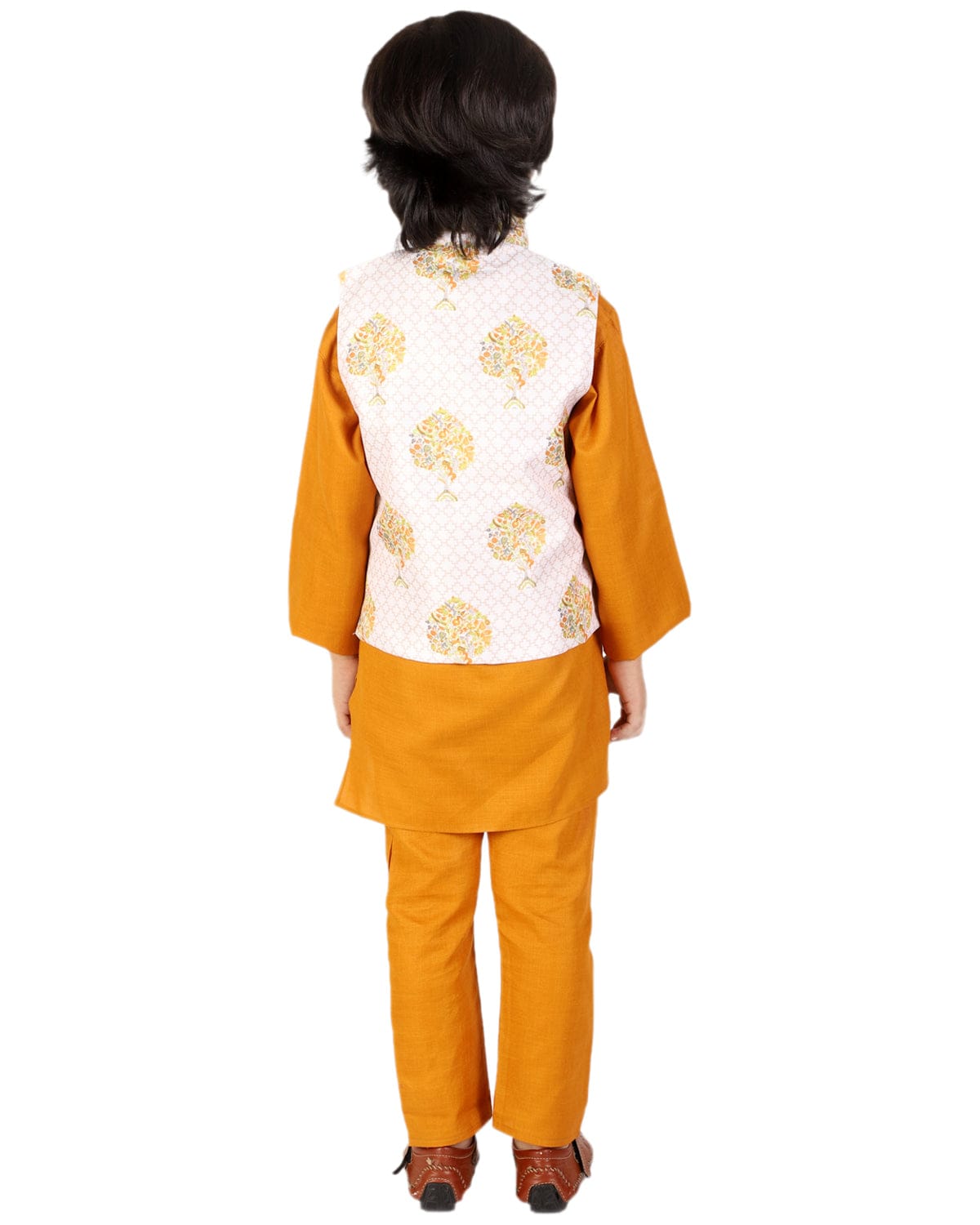 Boys Solid Color Kurta Pyjama With Printed Fancy White Base Jacket(Mustard)