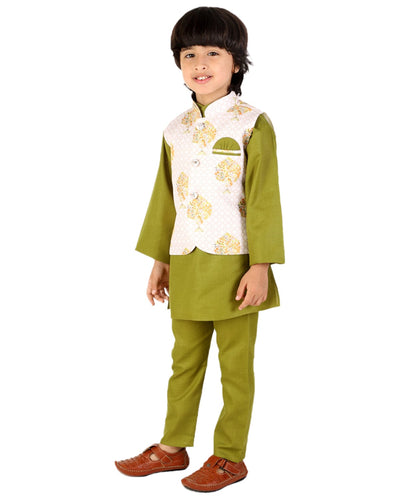 Boys Solid Color Kurta Pyjama With Printed Fancy White Base Jacket(Green)