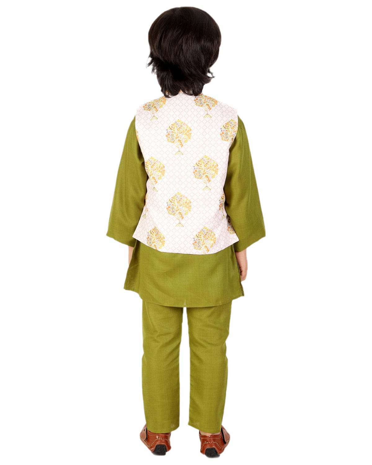 Boys Solid Color Kurta Pyjama With Printed Fancy White Base Jacket(Green)