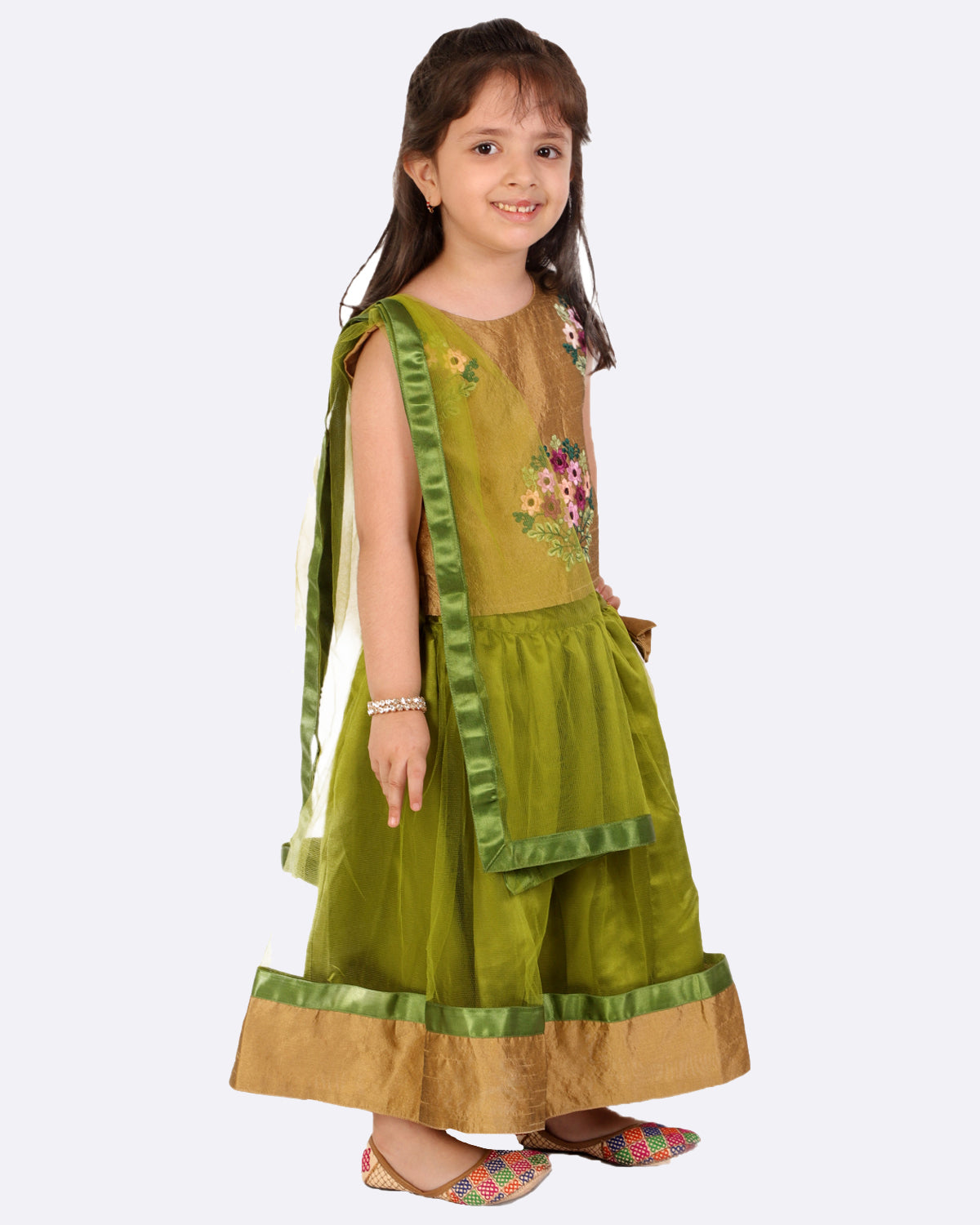 Girls Embroidered Lehnga Choli Set With Dupatta (Beige & Light Green)