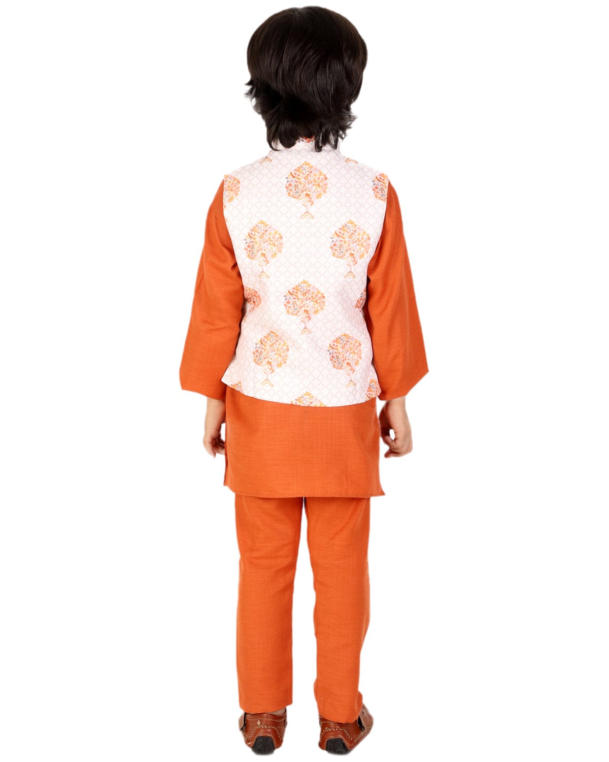 Boys Solid Color Kurta Pyjama With Printed Fancy White Base Jacket(Orange)