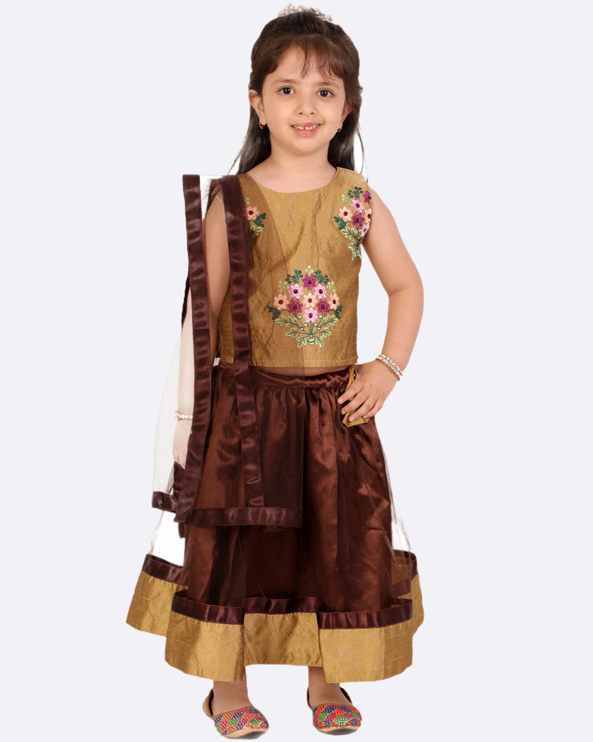 Girls Embroidered Lehnga Choli Set With Dupatta (Beige & Brown)