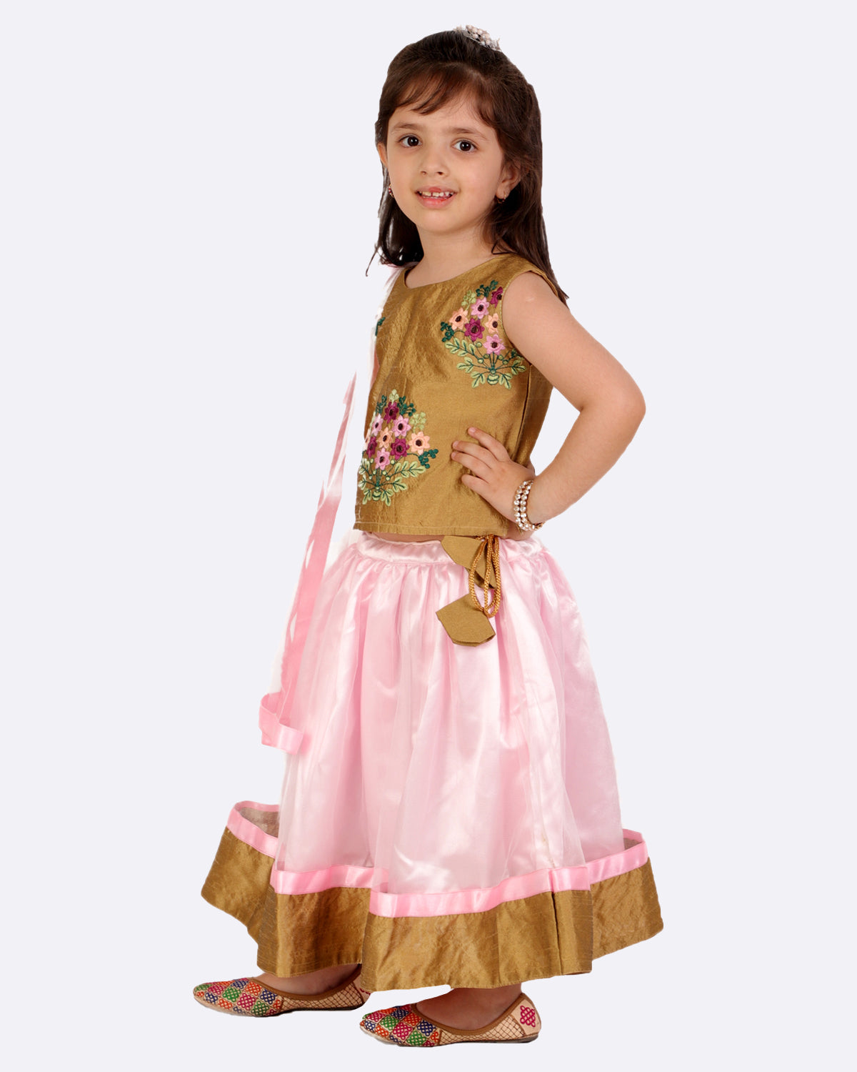 Girls Embroidered Lehnga Choli Set With Dupatta (Beige & Pink)