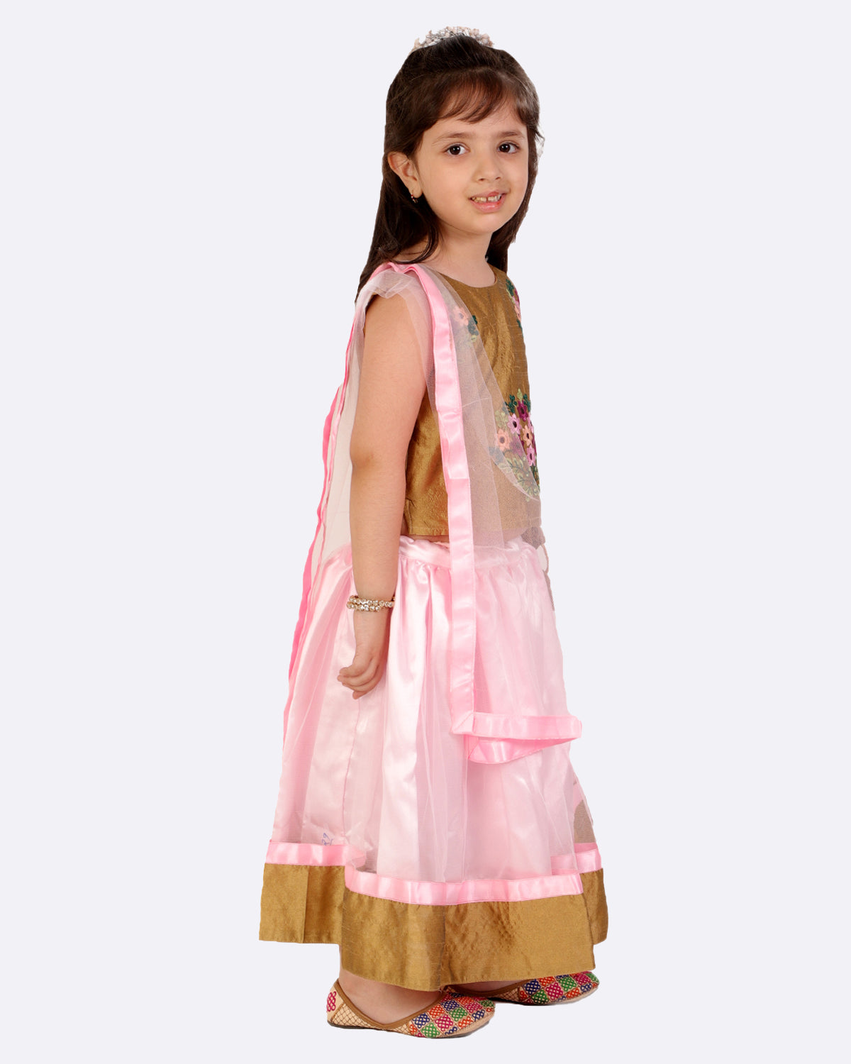 Girls Embroidered Lehnga Choli Set With Dupatta (Beige & Pink)