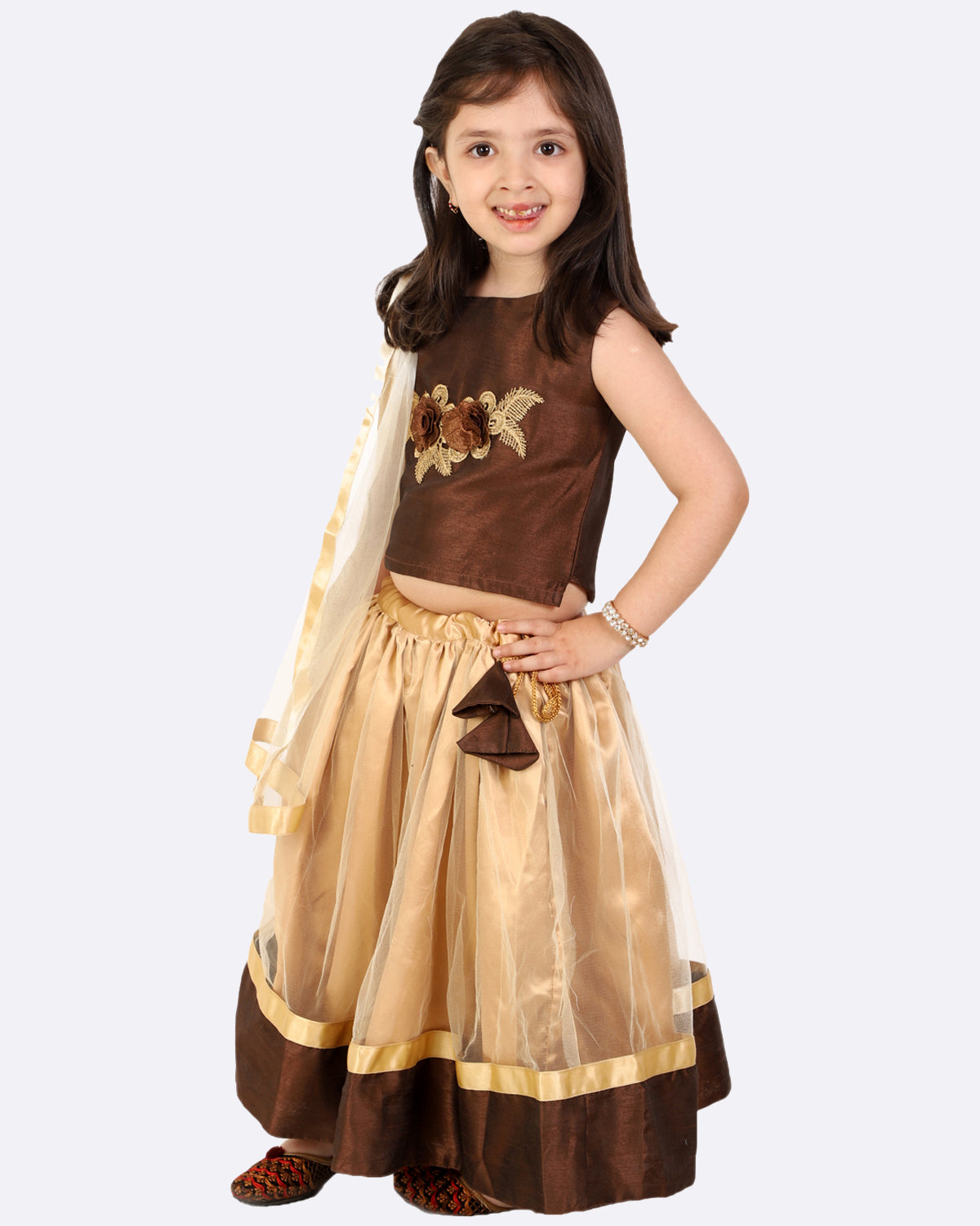 Girls Patch Embroidered Lehnga Choli Set With Dupatta (Brown)