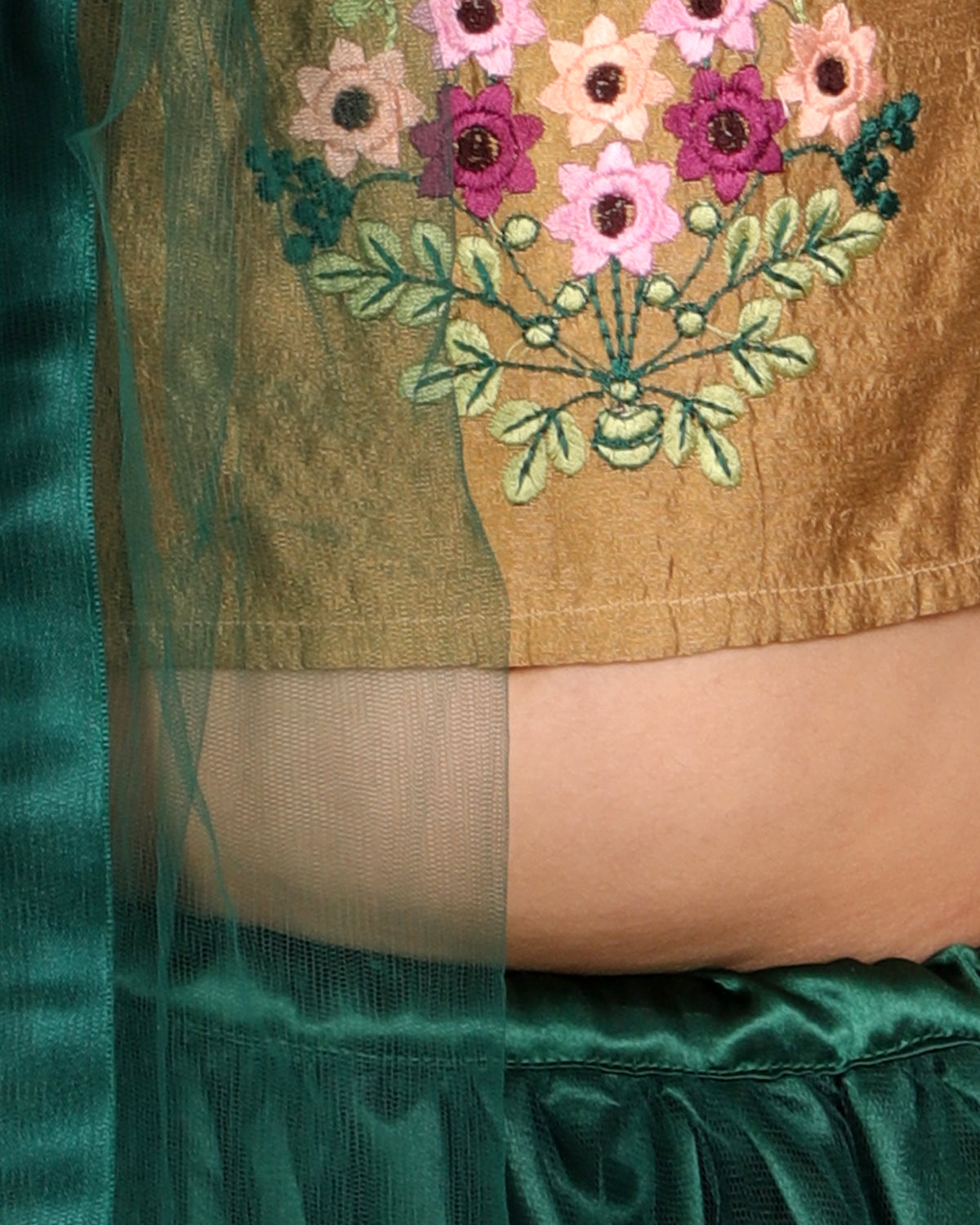 Girls Embroidered Lehnga Choli Set With Dupatta (Beige & Green)