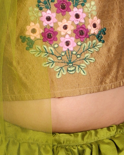 Girls Embroidered Lehnga Choli Set With Dupatta (Beige & Light Green)